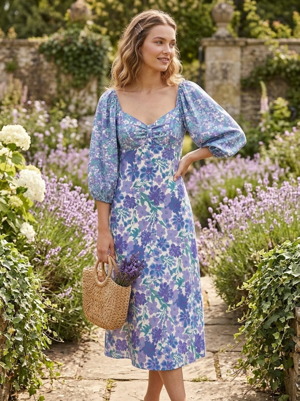 Louna Floral Puff-Sleeve Sweetheart Neck Ruched Bust Midi Dress Xl Smocked Back